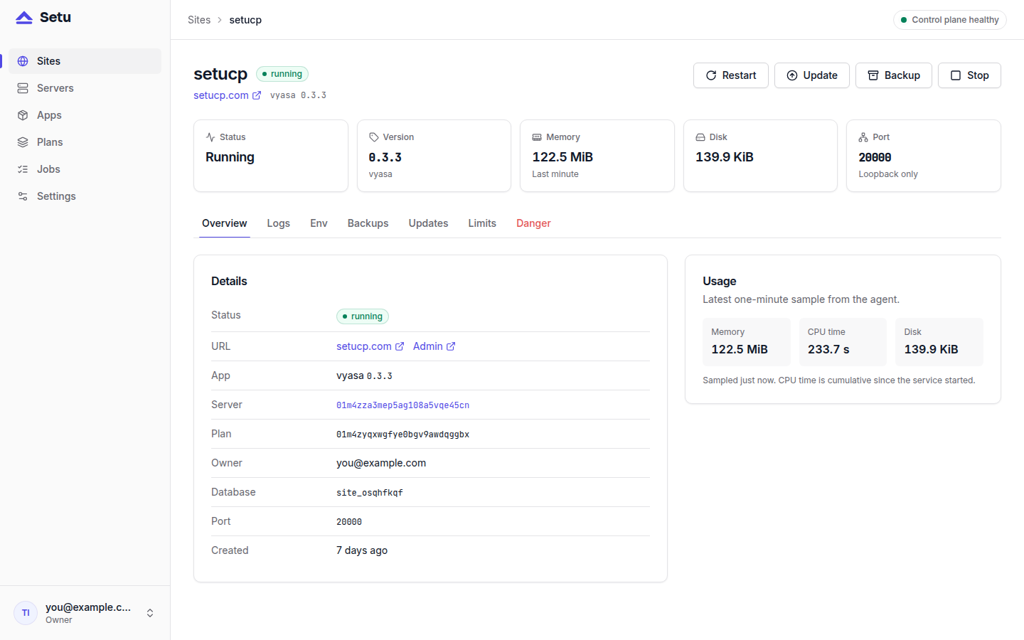 The Setu site overview with domain, status and admin link