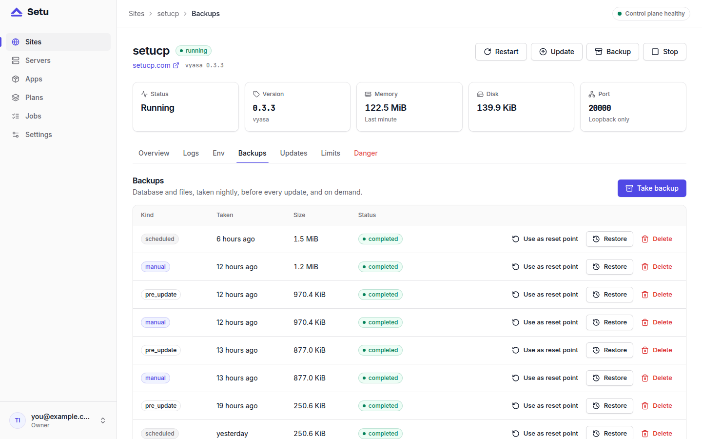 The Setu Backups tab for a site